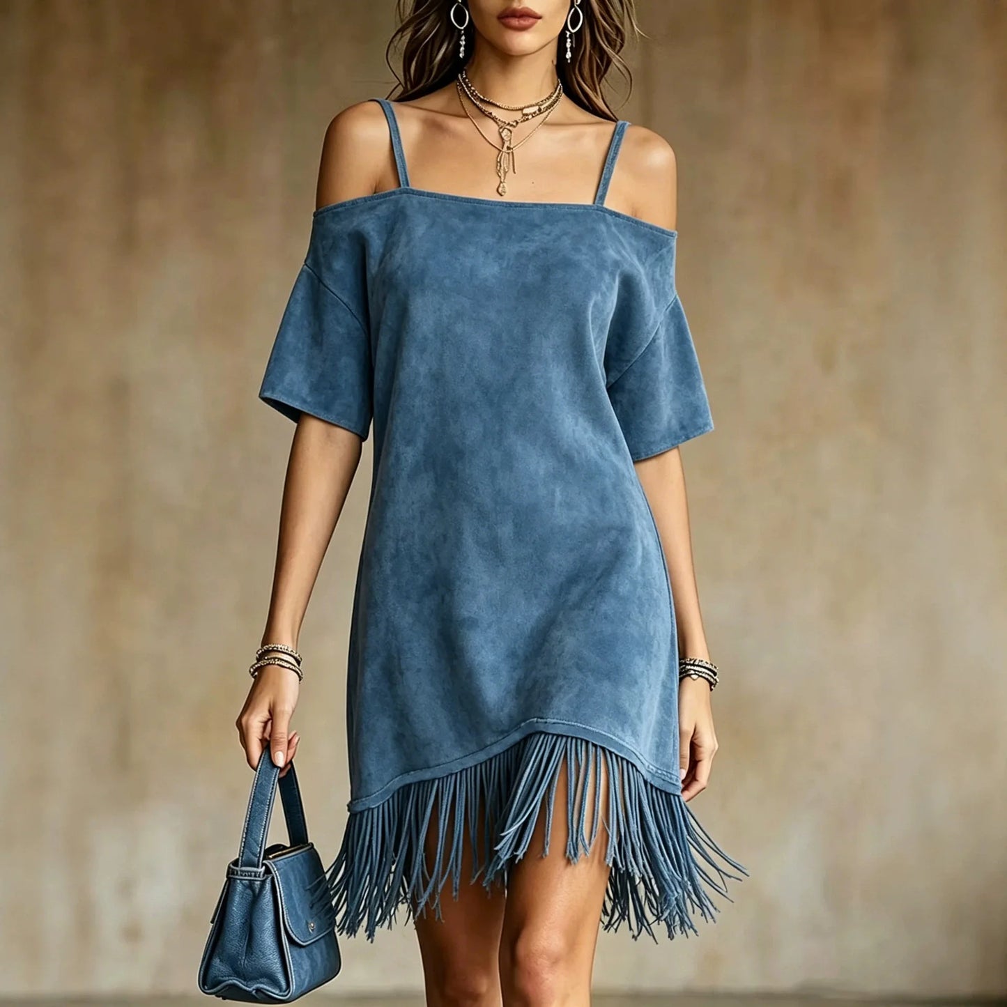 Casual Solid Color Suede Mini Dress Women Off Shoulder Spaghetti Strap Loose Fit Tassel Hem Elegant Daily Wear Chic Sundresses