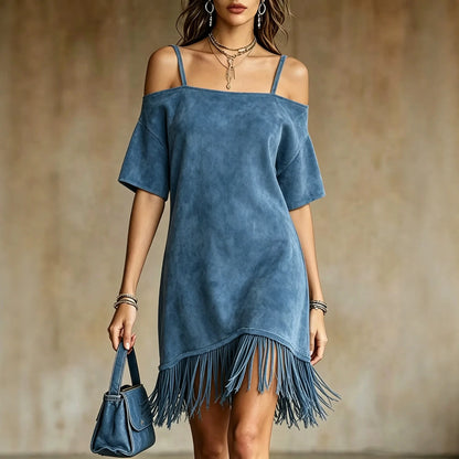 Casual Solid Color Suede Mini Dress Women Off Shoulder Spaghetti Strap Loose Fit Tassel Hem Elegant Daily Wear Chic Sundresses