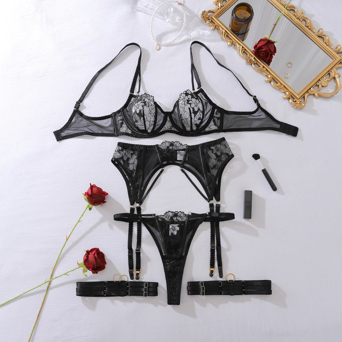 Fashionable see-through shaping mesh flower lace gathering slimming shaping sexy underwear patchwork four-piece set