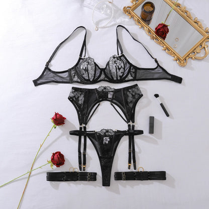 Fashionable see-through shaping mesh flower lace gathering slimming shaping sexy underwear patchwork four-piece set