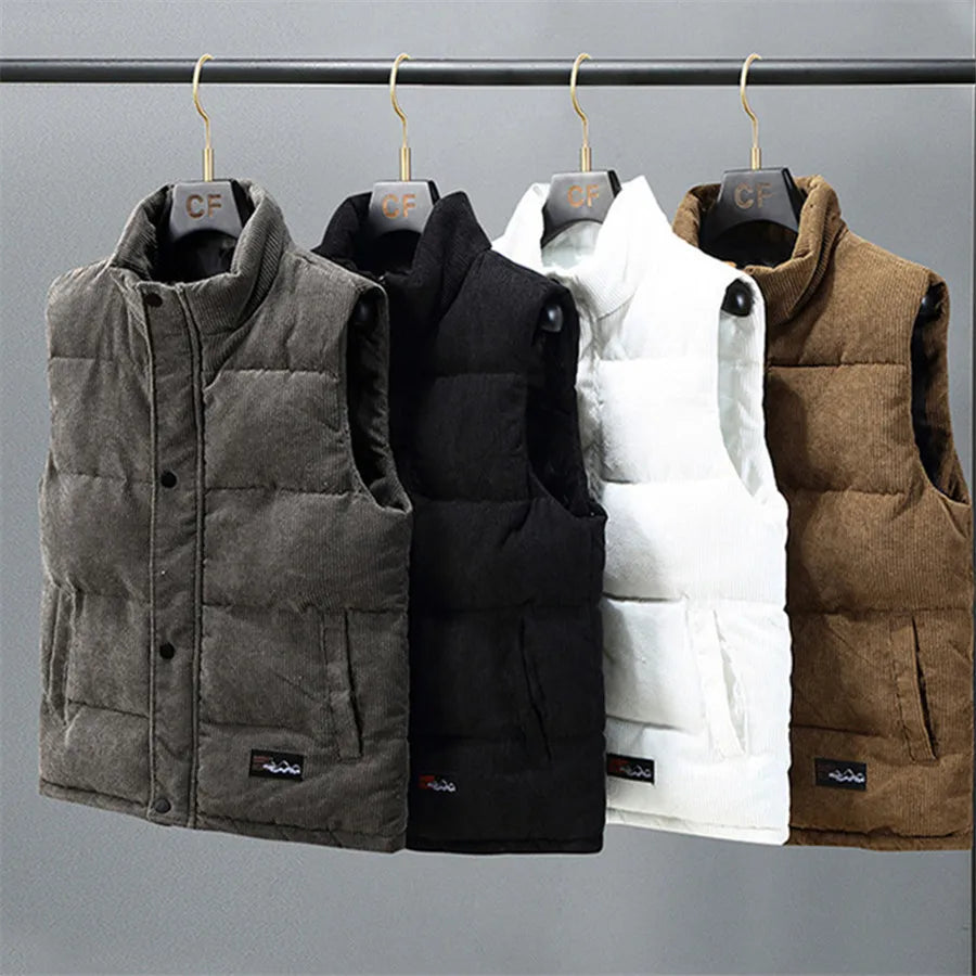 2025 New Vest Jacket Men's Autumn Winter Warm Coat Stand Collar Padded Waistcoat Corduroy Work Wear Male Clothes M-5XL
