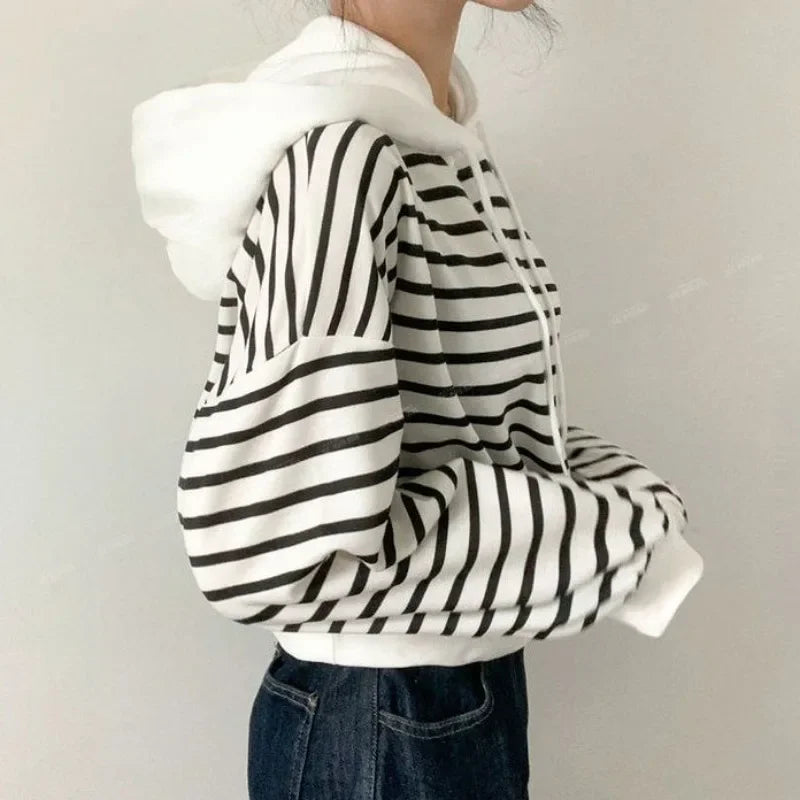Striped Autumn and Winter Women's Hooded Sweatshirts Thick Hoodies Warm Cold Novelty Korean Clothing Designer Fashion Female Top