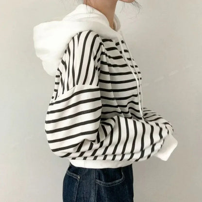 Striped Autumn and Winter Women's Hooded Sweatshirts Thick Hoodies Warm Cold Novelty Korean Clothing Designer Fashion Female Top