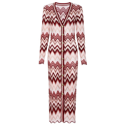 25278 High-quality Spring And Autumn Fashion Elastic Knitted Long Sleeved Cardigan Long Coat+sleeveless Dress Women's Set