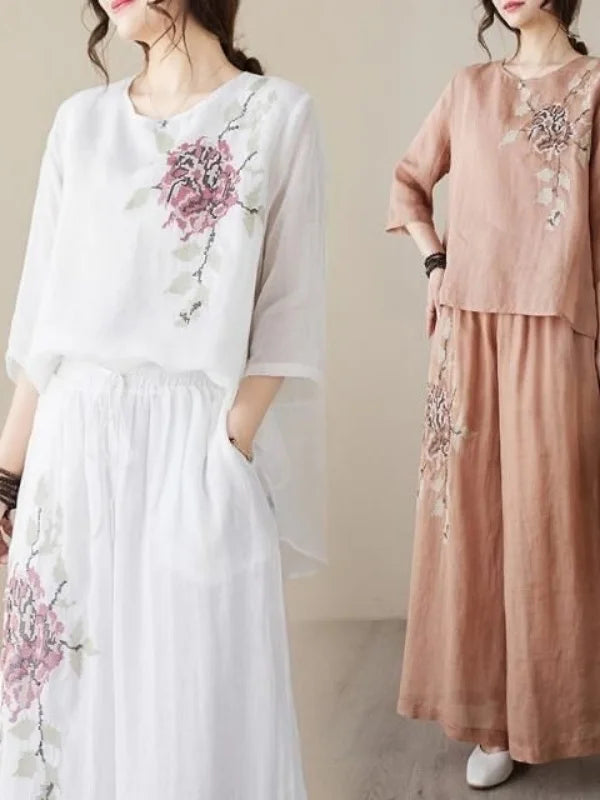 plus Size Women's Retro Cotton Linen Set Wide Leg Pants Slimming Mom Two Piece Suit Spring Fashion Korean Style Commute Wear