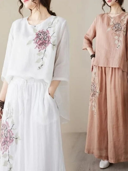 plus Size Women's Retro Cotton Linen Set Wide Leg Pants Slimming Mom Two Piece Suit Spring Fashion Korean Style Commute Wear