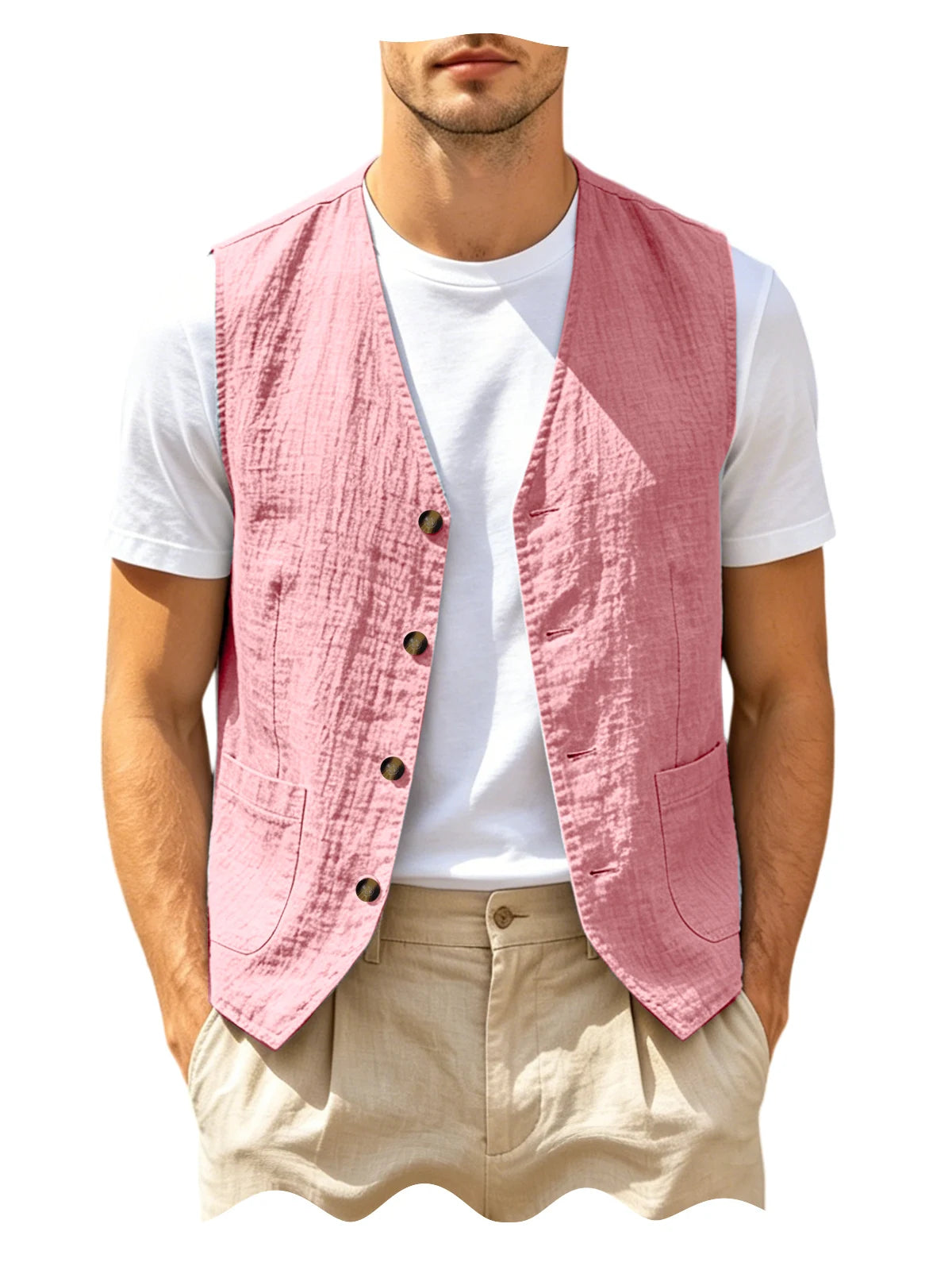 Men's Casual Linen Vest V-Neck Sleeveless Waistcoat Summer Lightweight Breathable Solid Color Button Up Vest For Daily Vacation