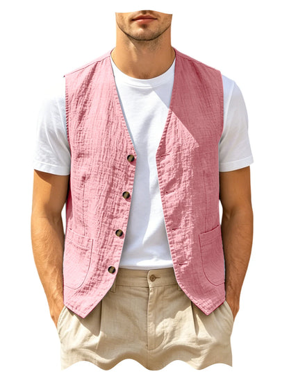 Men's Casual Linen Vest V-Neck Sleeveless Waistcoat Summer Lightweight Breathable Solid Color Button Up Vest For Daily Vacation