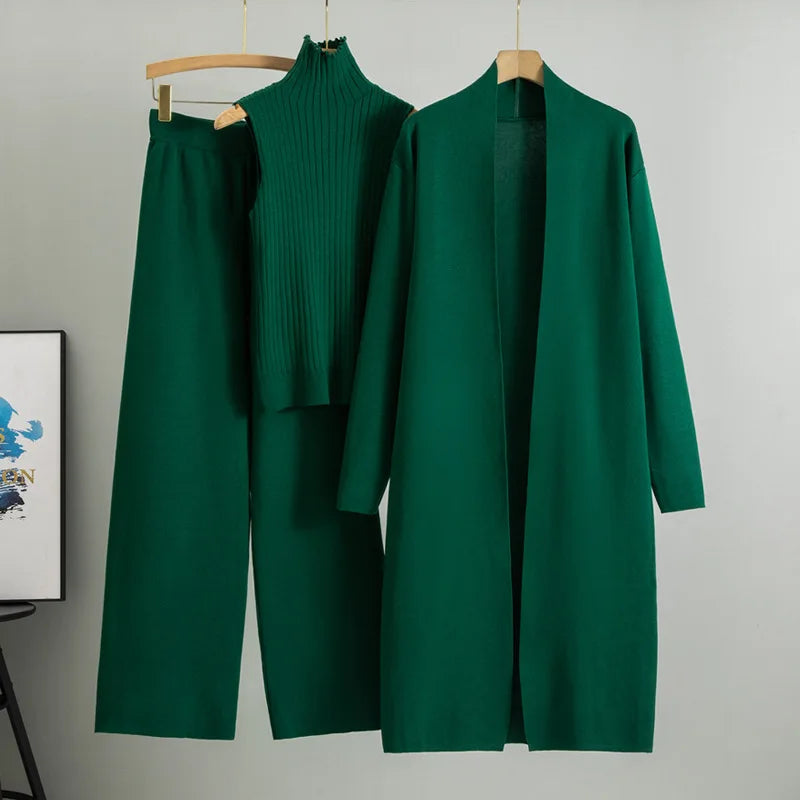 2025 Autumn Winter Women Long Cardigan 3 Piece Set Knit Pants High Neck Vest Wide Leg Trousers Outfit