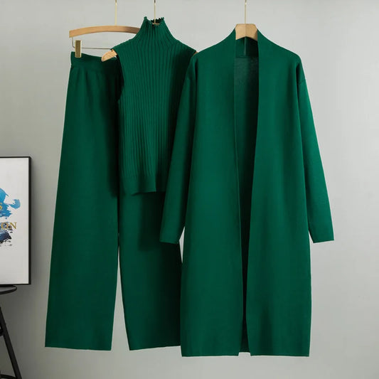 2025 Autumn Winter Women Long Cardigan 3 Piece Set Knit Pants High Neck Vest Wide Leg Trousers Outfit