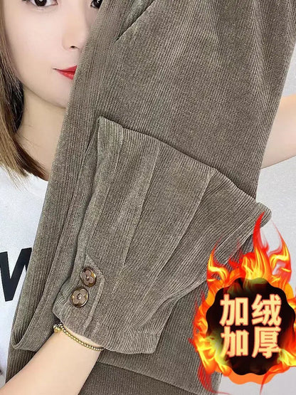 plus Size Corduroy Wide Leg Pants Women's Fleece Lined Slimming  Bootcut Trousers Autumn Winter High Waist Elastic Waist