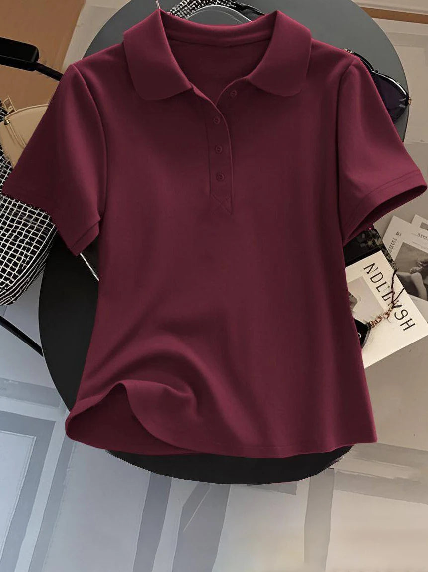 Loose Fit Women's  Neck Short Sleeve Cotton T-Shirt Casual Button up Top Korean Style Summer Fashion Ladies' Shirt