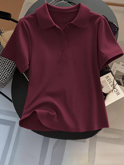 Loose Fit Women's  Neck Short Sleeve Cotton T-Shirt Casual Button up Top Korean Style Summer Fashion Ladies' Shirt