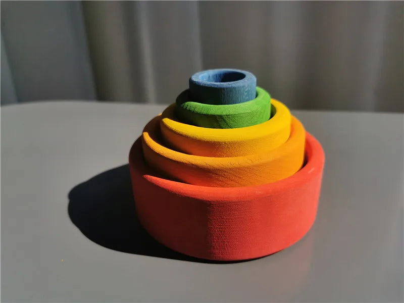 Kids Wooden Toys Rainbow Nesting Bowls BasSwood 6 Layer Arch Stacker Blocks Trees