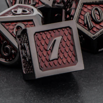 DND Metal Dice Set Black Red Dungeon and Dragon scale Dice D&D Polyhedral Dice RPG D and D Role Playing Games Dice