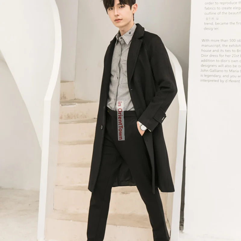 Thickened Slim Fit Lapel Trench Coat for Autumn and Winter Long Woolen Overcoat for Men Double-Sided Woolen Cashmere Windbreaker