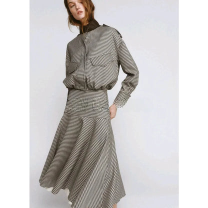 Color Block Plaid Pilot Jacket Coat High Collar Long Sleeve Women's Spring Fashion Set with Midi Skirt Spring Season Pattern