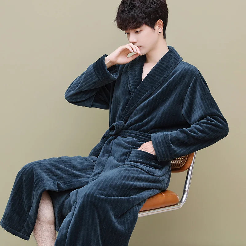 Thiened Coral Fce Men's Batobe Winter Pyjamas Flannel Robe Large Size Morning Robe Fce Home Clothes Polyester Fiber