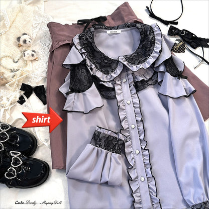 Jirai Kei Lolita Blouse Kawaii Top Women Cute Japanese Style Shirt with Bow Y2K Elegant Long Sleeve Sweet Casual Aesthetic Tops