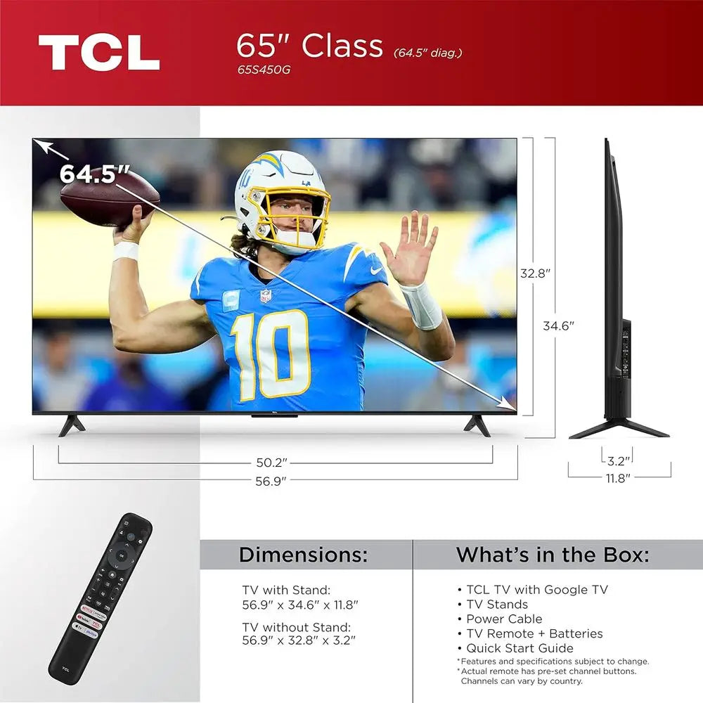 65-Inch Class S4 4K LED Smart TV with Google (65S450G, 2023 Model), Dolby Vision, HDR Pro, Atmos, Assistant Built-in Voice Remot