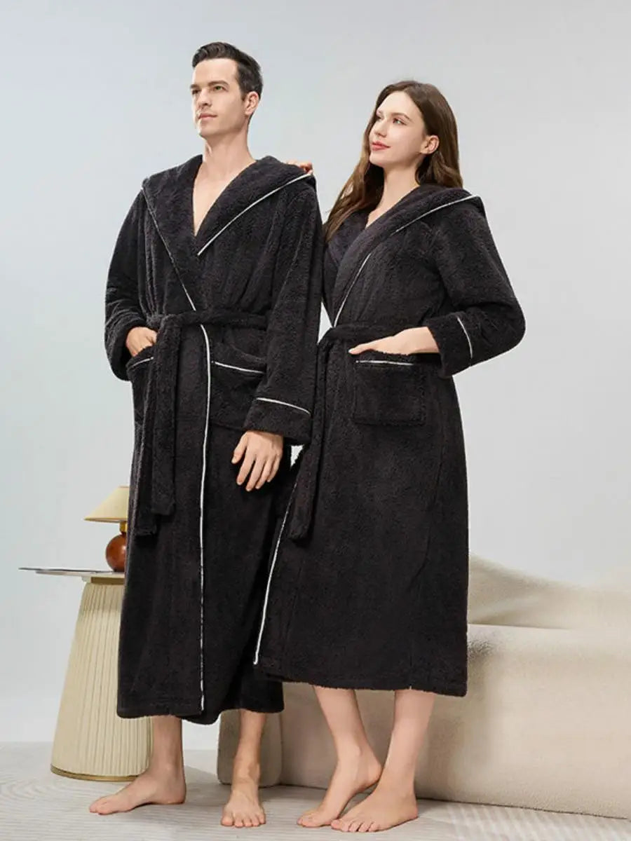 Couples Thickened Hooded Bath Robe Warm Sleepwear for Men And Women Cotton Velvet Winter Home Clothes Unisex Pajamas