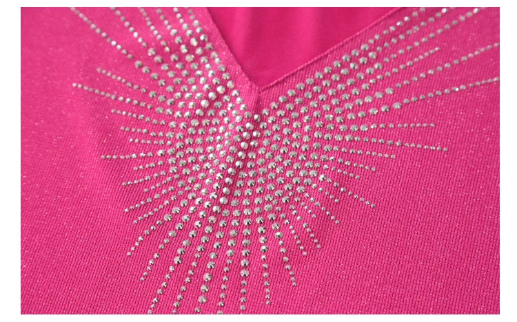 2026 Spring Summer Mesh Tops Korean Fashion Diamond T Shirt Slim 3/4 Sleeve Hollow Out Casual Women Shirt