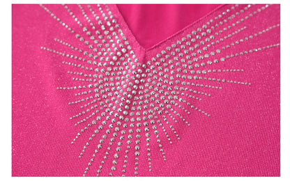 2026 Spring Summer Mesh Tops Korean Fashion Diamond T Shirt Slim 3/4 Sleeve Hollow Out Casual Women Shirt