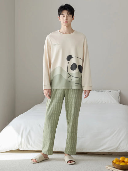 Men's 100% Cotton Long Sleeve Pajama Set, Spring Summer & All Season Plus Size Loungewear, Teen & Adult Pure Cotton Home Suit