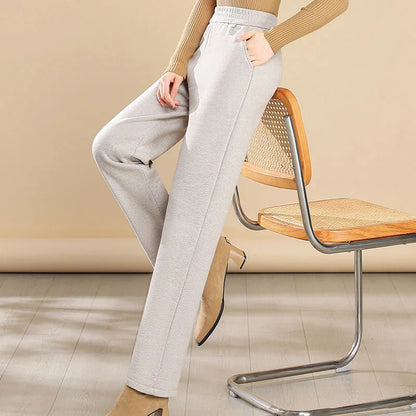 High Waist Thickened Fleece Lined Woolen Pants for Mom Casual High Waist Wide Leg Trousers Spring Autumn Winter Style