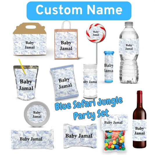 Personalized Blue Safari Baby Shower Party Favors Toile De Jouy Jungle Animal Sticker Party Decoration For Birthday Bachelorette
