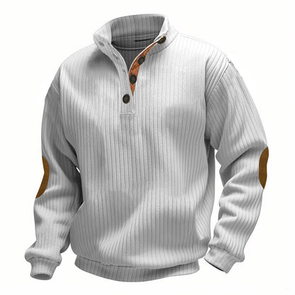 Men's Ribbed Henley Sweater Half Zip Pullover with Elbow Patches Stand Collar Long Sleeve Casual Retro Autumn Top