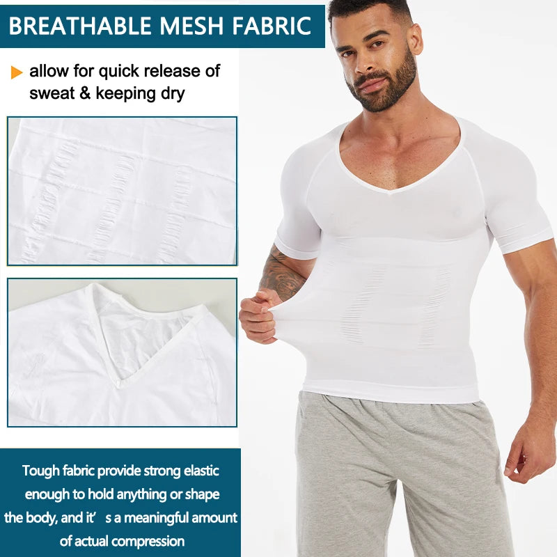 Men V-Neck Compression Shapewear Shirt Tummy Control Slim Body Shaper Short Sleeve Undershirt