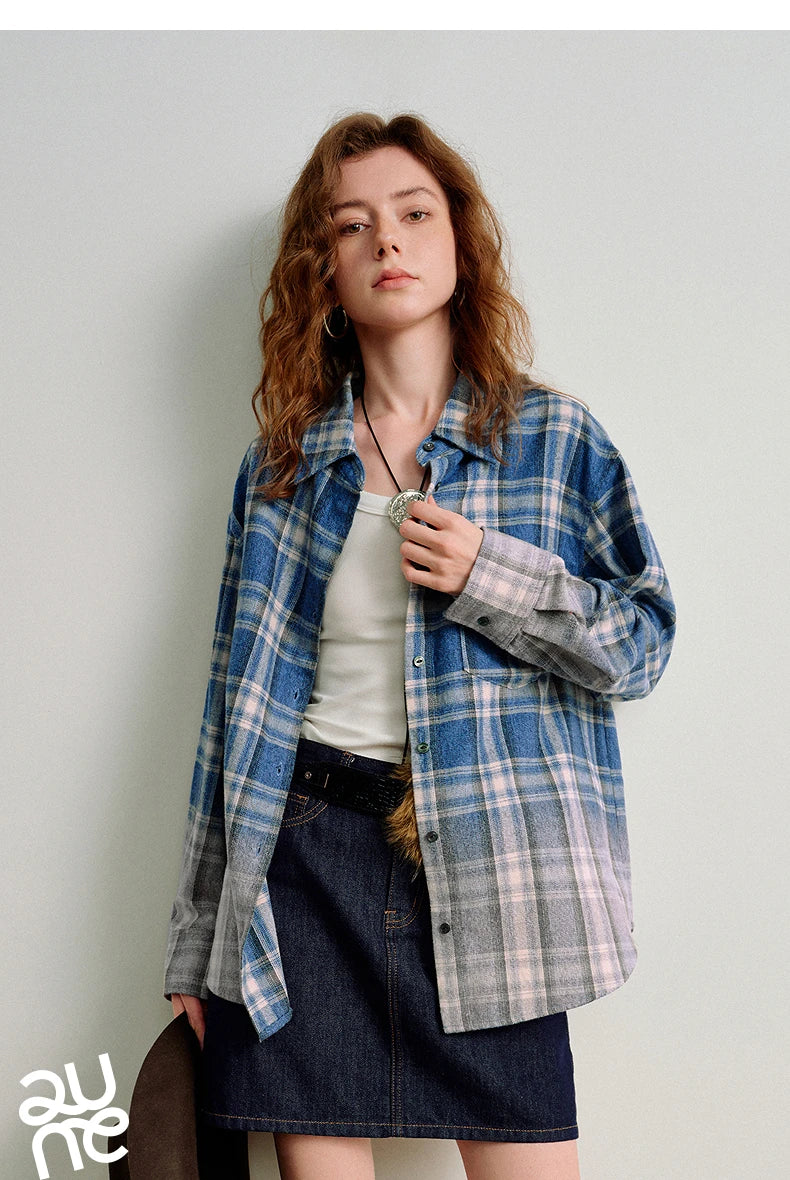 TOYOUTH Women Brushed Shirts 2026 Spring New Mid-Length Gradient Blue-White Plaid Loose Blouses