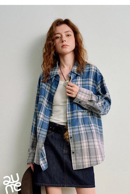 TOYOUTH Women Brushed Shirts 2026 Spring New Mid-Length Gradient Blue-White Plaid Loose Blouses