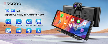10.26" 4K 64GB Dash Cam Touch Screen Car Stereo Rearview Wireless Apple Carplay Android Auto Dual Len Recorder Dashboard