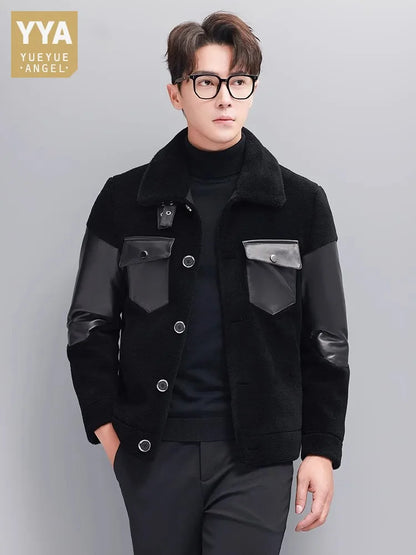 Mens Winter Real Sheep Fur Jacket Lapel Collar Single Breasted Business Work Warm Padded Coat Spliced Real Sheepskin Jacket 5XL