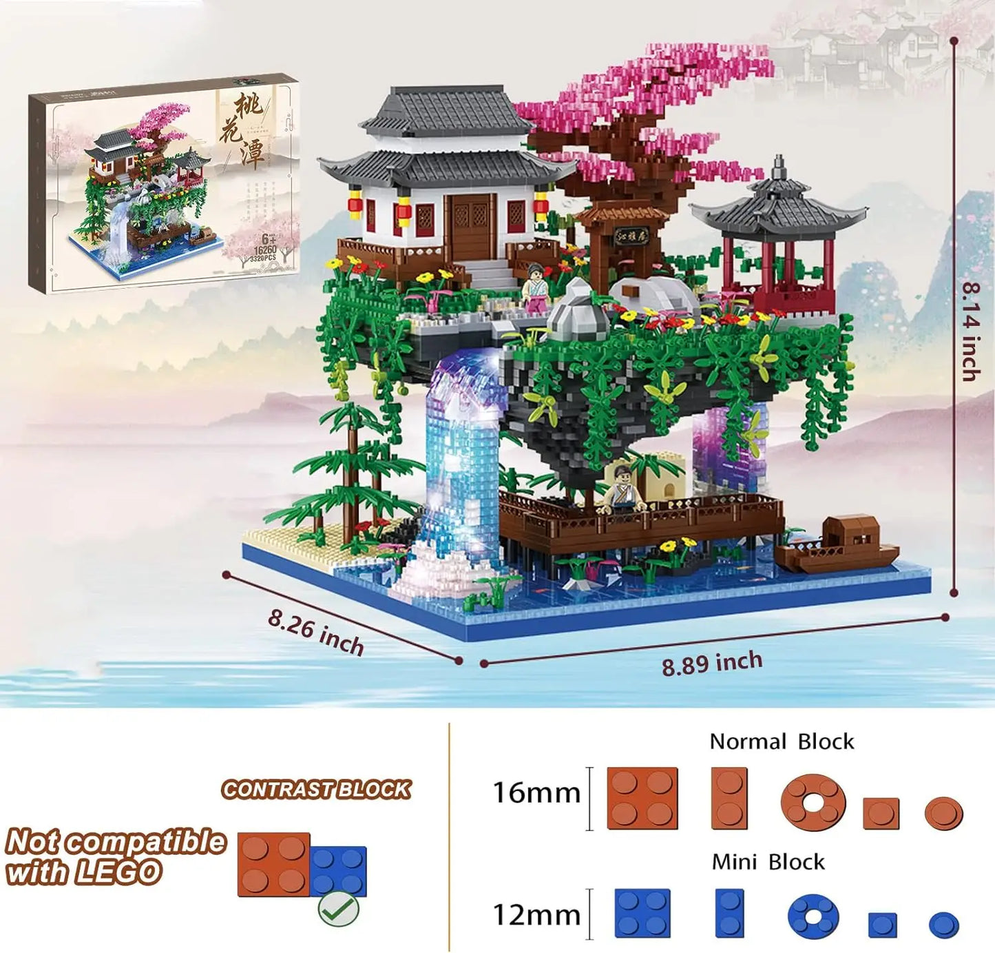 MOC Mini Building Block Set Peach Blossom Pool Chinese Architecture Cherry Bonsai Japanese Cherry Tree House Lantern Gift Toy