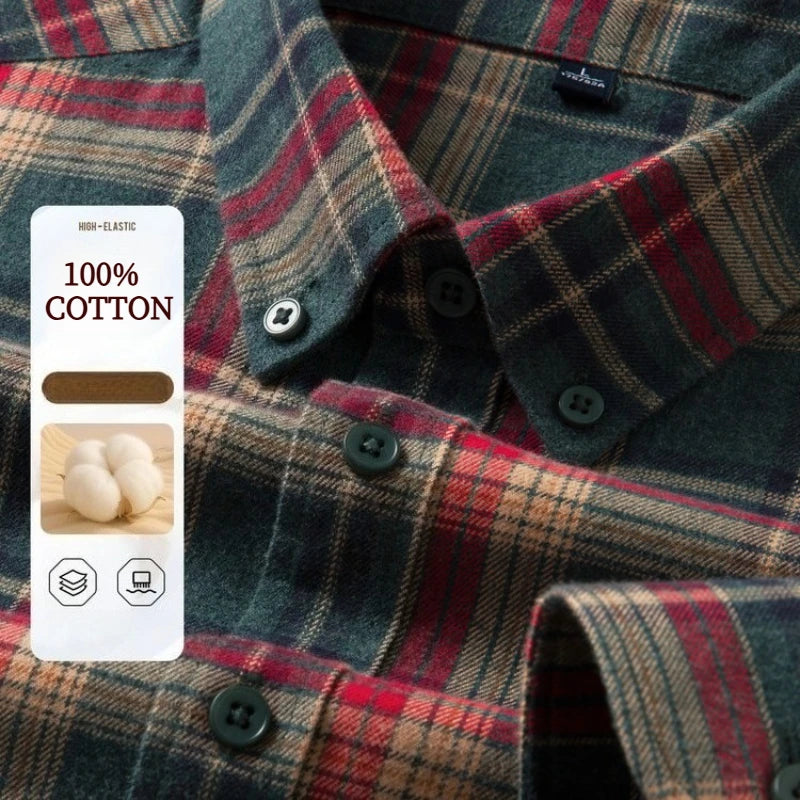 100% Cotton Flannel Shirt Men's, Plaid Casual Jacket, Anti-Wrinkle, Multi-Color Gold Quality Long-Staple Cotton M-4XL