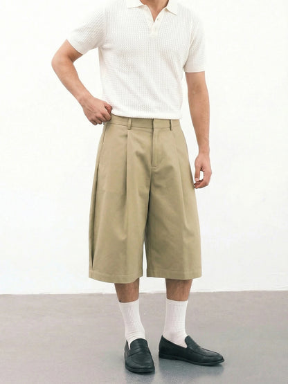 2026 SS New, Men's Solid Woven 7/8 Suit Pants,  Button Pleated, Loose Straight Cropped Trousers, Daily Commuter Streetwear