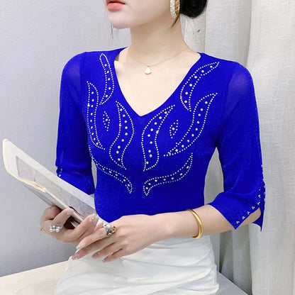 2026 Spring Summer Mesh Tops Korean Fashion Diamond T Shirt Slim 3/4 Sleeve Hollow Out Casual Women Shirt