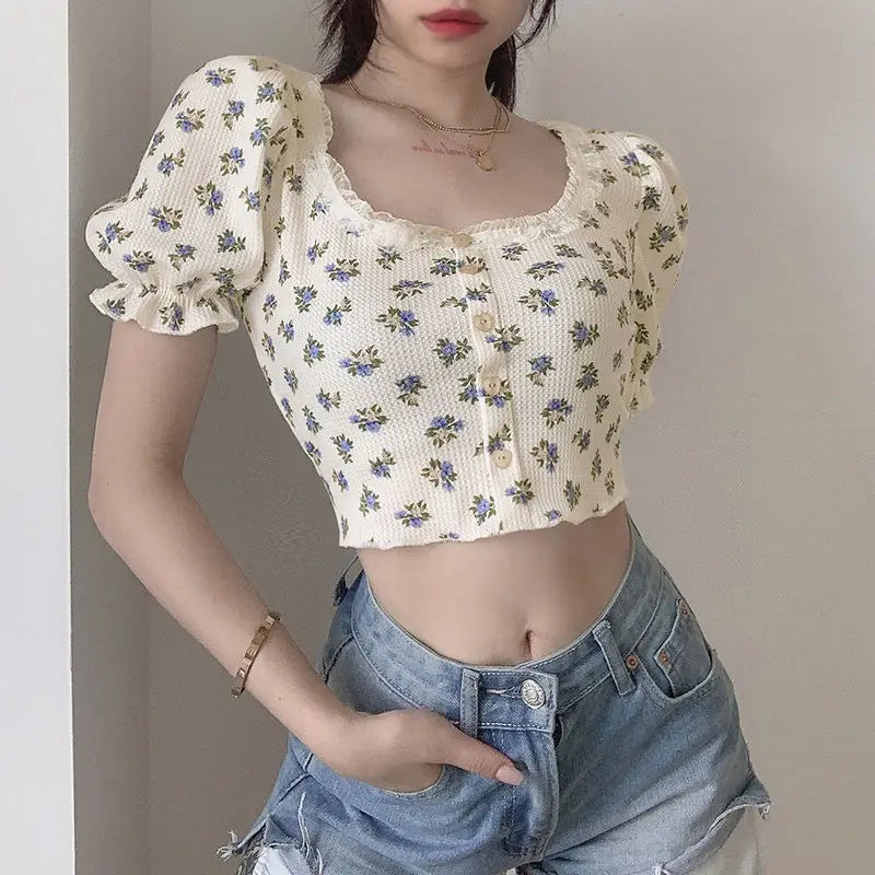 Floral Print Square Neck Short Sleeve Slim Fit T-Shirt Women's Summer 2026 New Bubble Sleeve Belly Baring Trendy Top