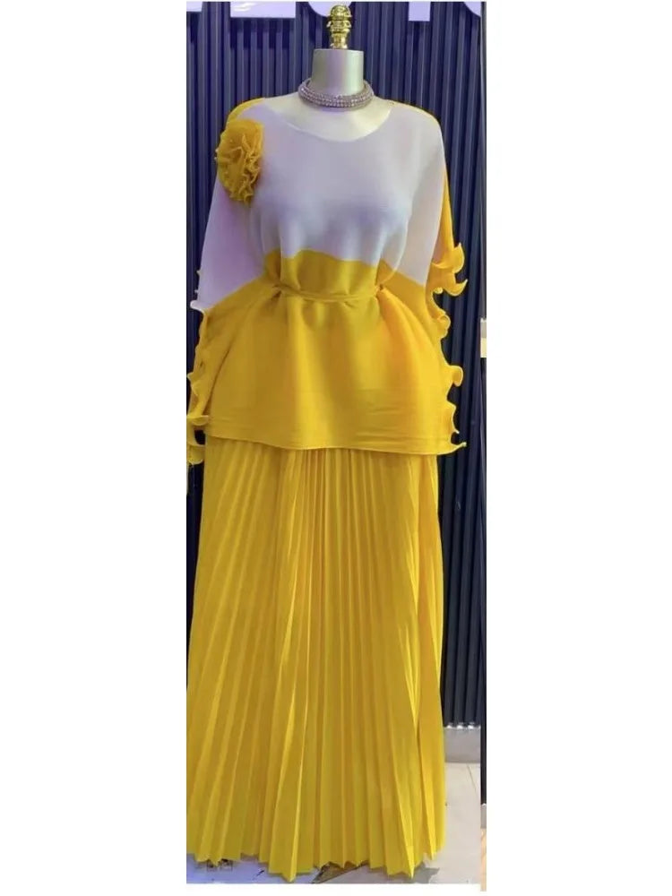 2025 New Casual Suit Women's Two-piece Set Miyake Pleated Skirt + Color Matching Top Loose Long Skirt Set