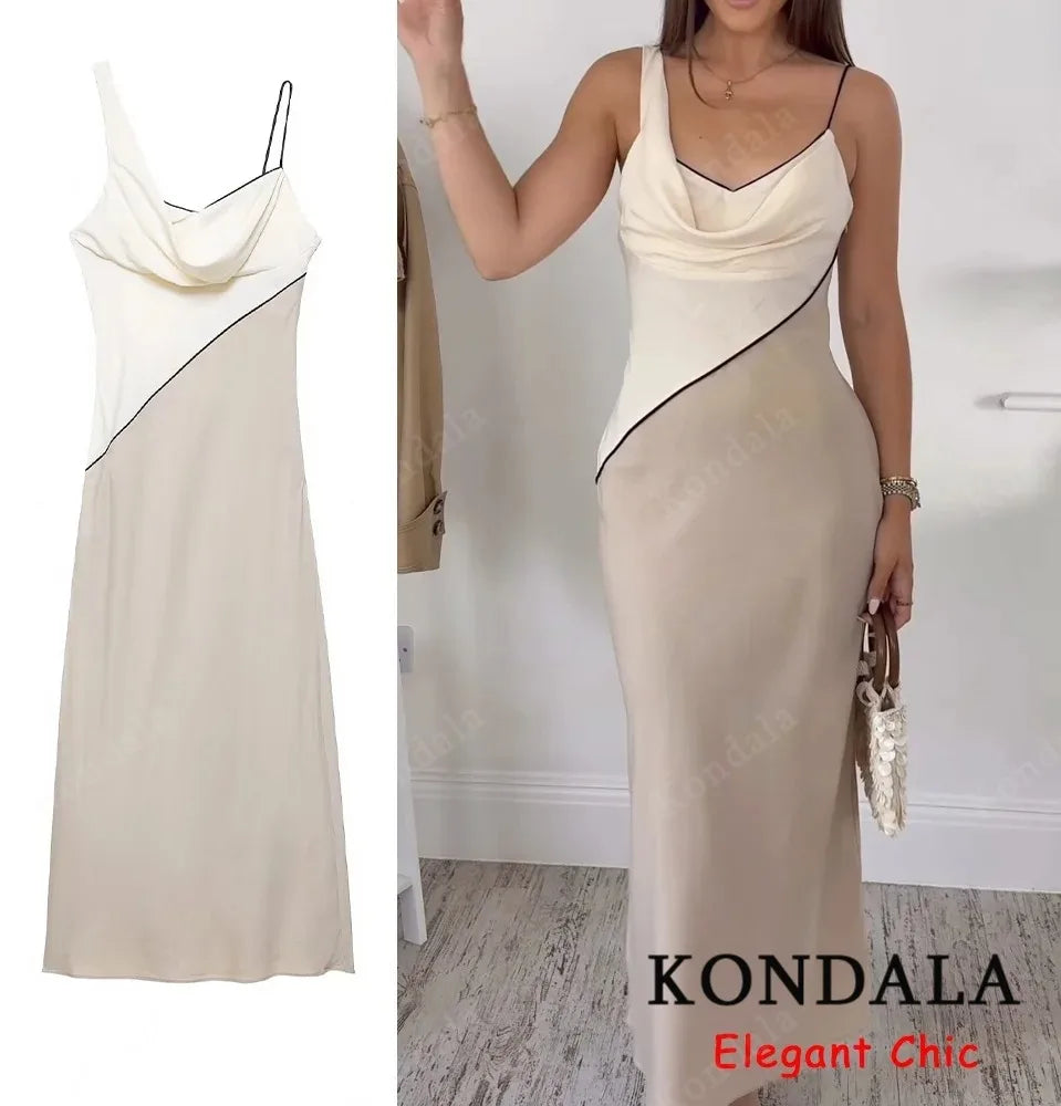 KONDALA Elegant Chic Suspender Dress Women's Contrasting Lines Slim Dress 2025 Summer Fashion Holiday Casual Dating Lady Dress