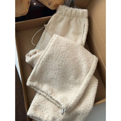 High Waist Thickened Woolen Fleece Wide Leg Pants Women's Winter Warm Drawstring Moccasin Straight Casual Trousers Trendy