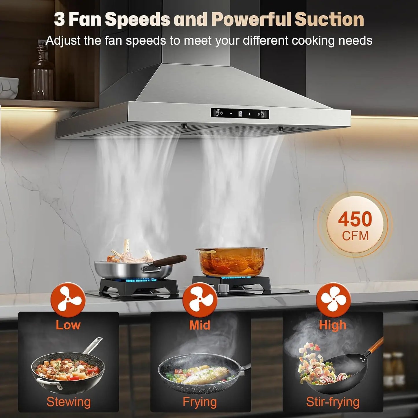 24/30 Inch Wall Mount 450CFM Stainless Kitchen Vent Gesture Sensing & Touch Control 3 Speed Range Hood
