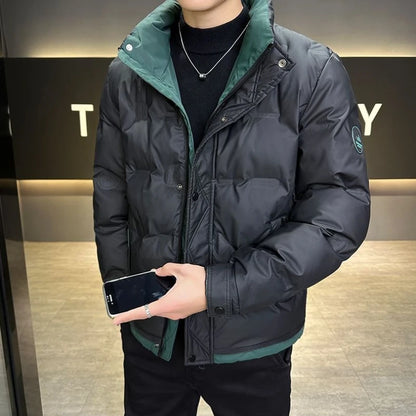 Korean Style Men's Short Down Jacket 2025 Winter Warm Slim Fit White Duck Down Coat with Stand Collar for Youth