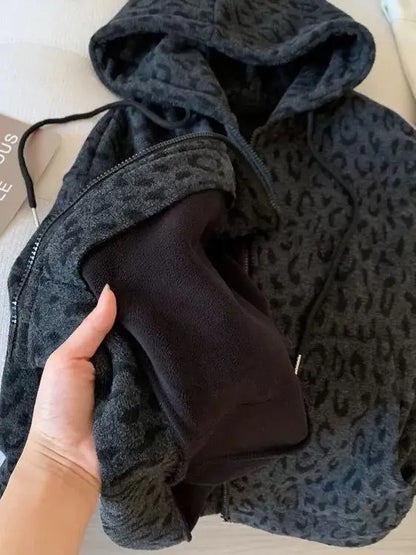 plus Size Women's Hooded Fleece Lined Thickened Cardigan Coat Leopard Print Warm Sweatshirt Loose Fit Autumn Winter Outerwear