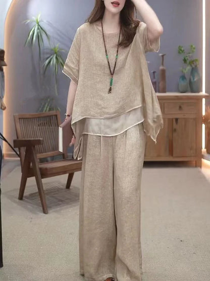 Retro Cotton Linen Set Women's Summer 2026 New Ethnic Style Loose Slimming Belly Covering Two-Piece Set Fashionable Casual Wear