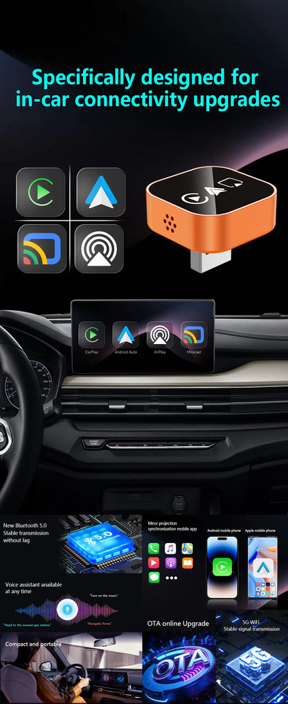 2026 Upgrade 4-in-1 Wireless Carplay Mirror Link Adapter Wired to Wireless Android Auto Plug & Play 5GHz WIFI For Wired Carplay