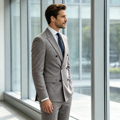 Men's Linen Suit Set  Double Breasted Slim Fit Peak Lapel Formal Blazer Pants Breathable Business Wedding Groom Tuxedo
